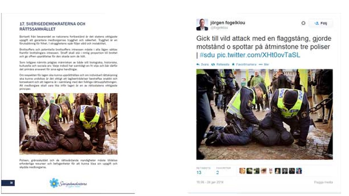 Den här bilden är dock tagen i Sverige. Anders Engström undrar om poliserna vill vara med på bild i SD:s partiprogram. 